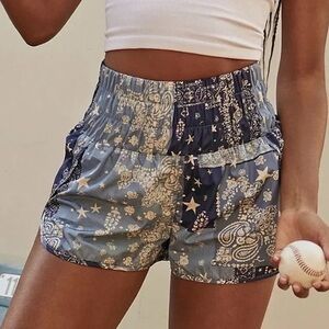 FP Movement by Free People The Way Home Blue and White Paisley High Waist Shorts